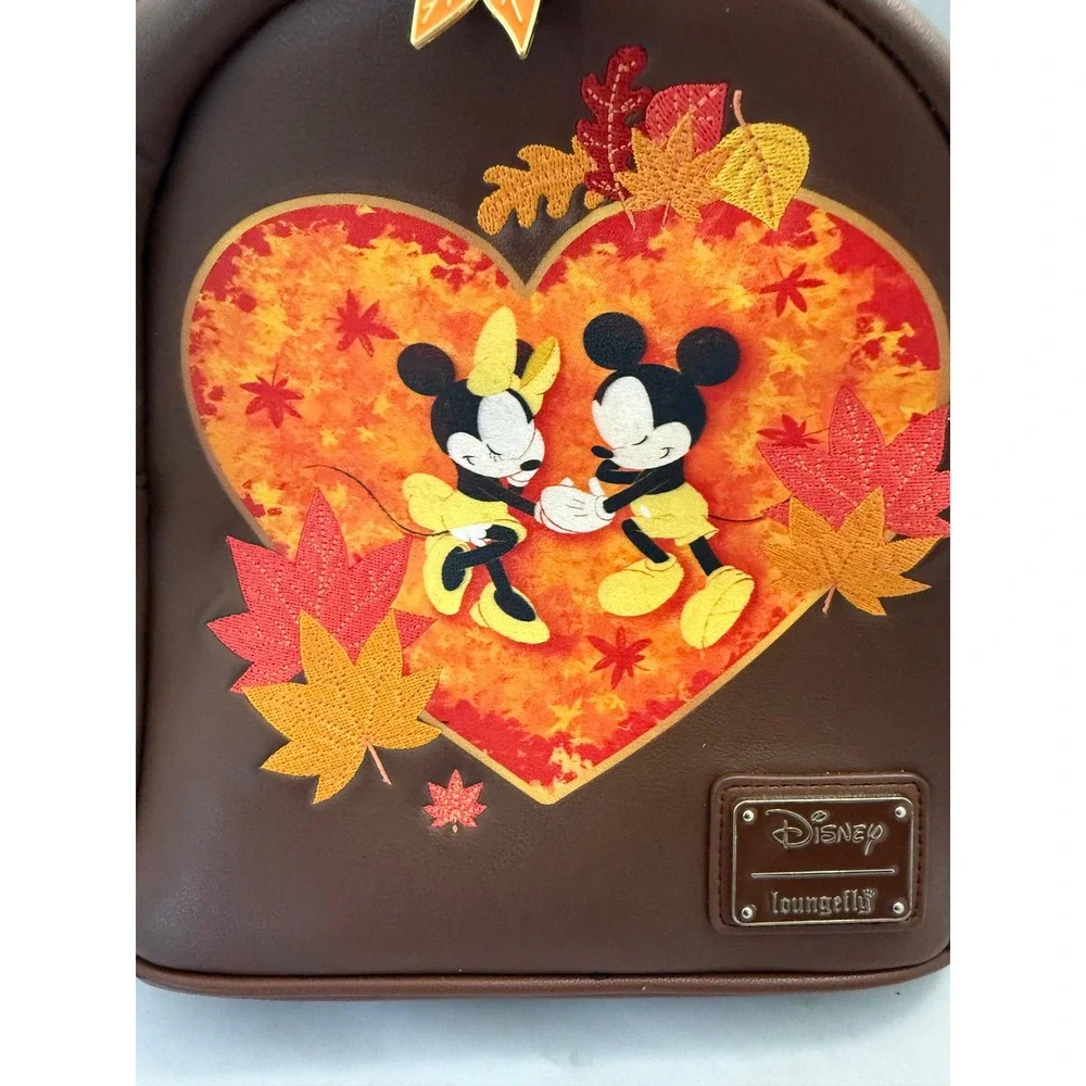 Disney Loungefly Mickey Minnie Mouse Fall Leaves Mini Backpack Brown Collectible